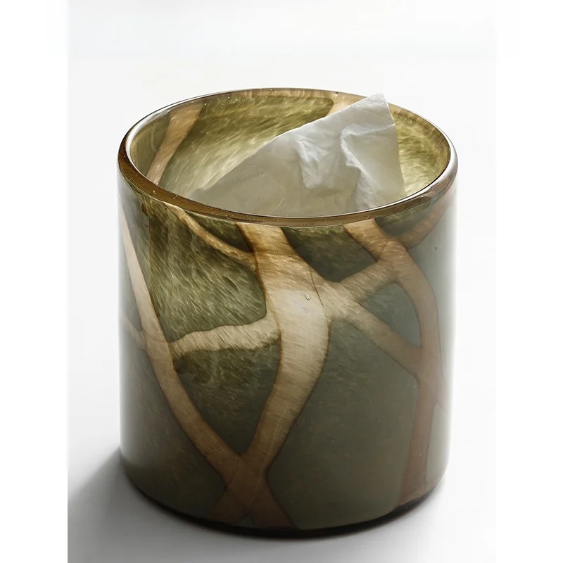 

Striped Glass Desktop Trash Can Living Room Coffee Table Creative Storage Bucket Tabletop Decorations Home Use Dining Table