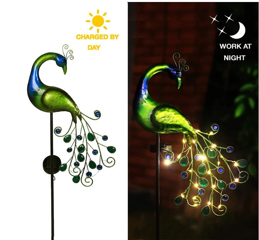 LED Outdoor Solar Peacock Lamp Metal Peacock Statue for Outdoor Landscape Path Garden Decoration Peacock Sculpture Lights