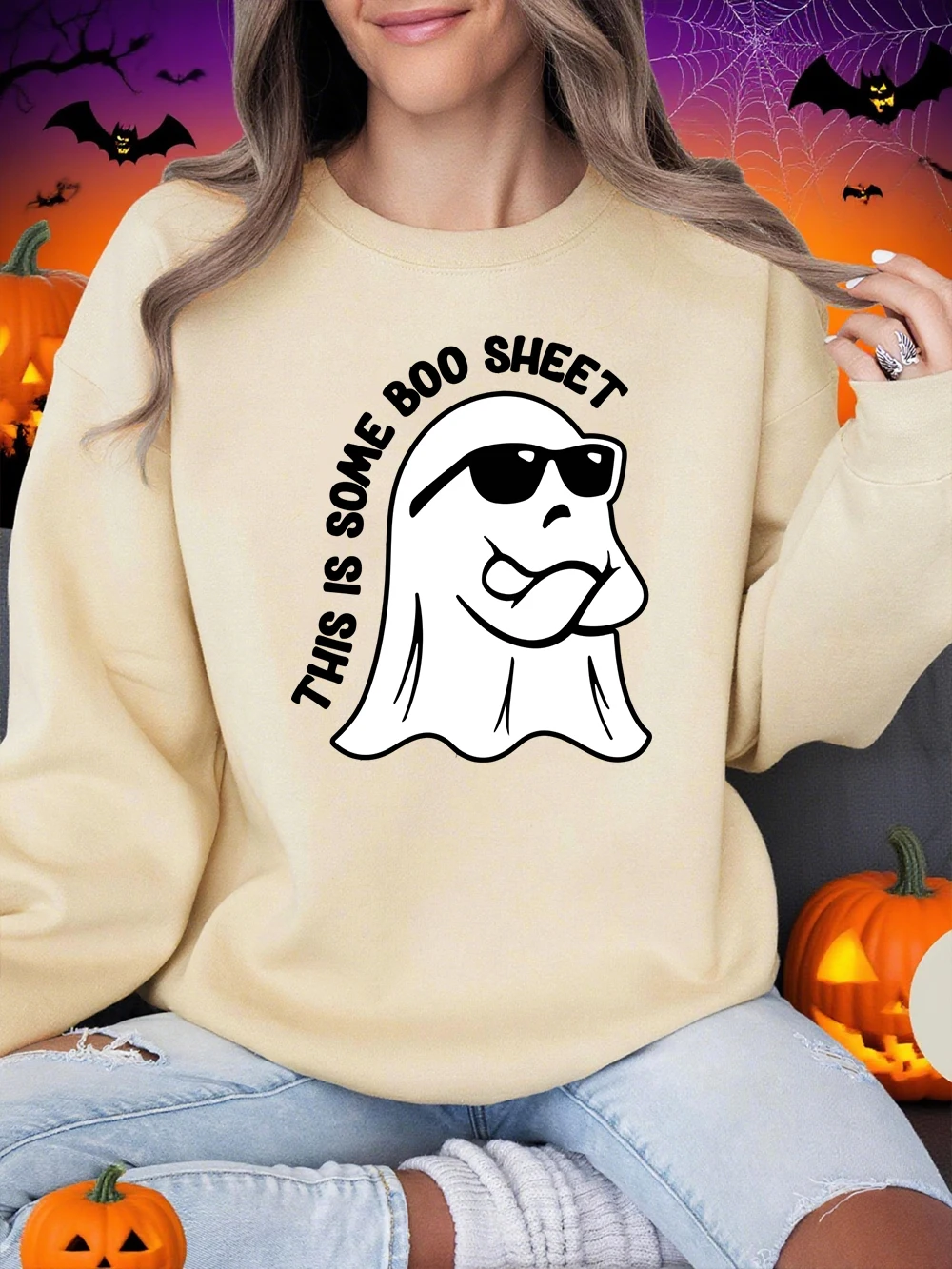 This Is Some Boo Sheet Prints Halloween Sweatshirt Damen Rundhalsausschnitt Basics Hoodie Lose Fleece Warmer Pullover Winter Freizeitkleidung