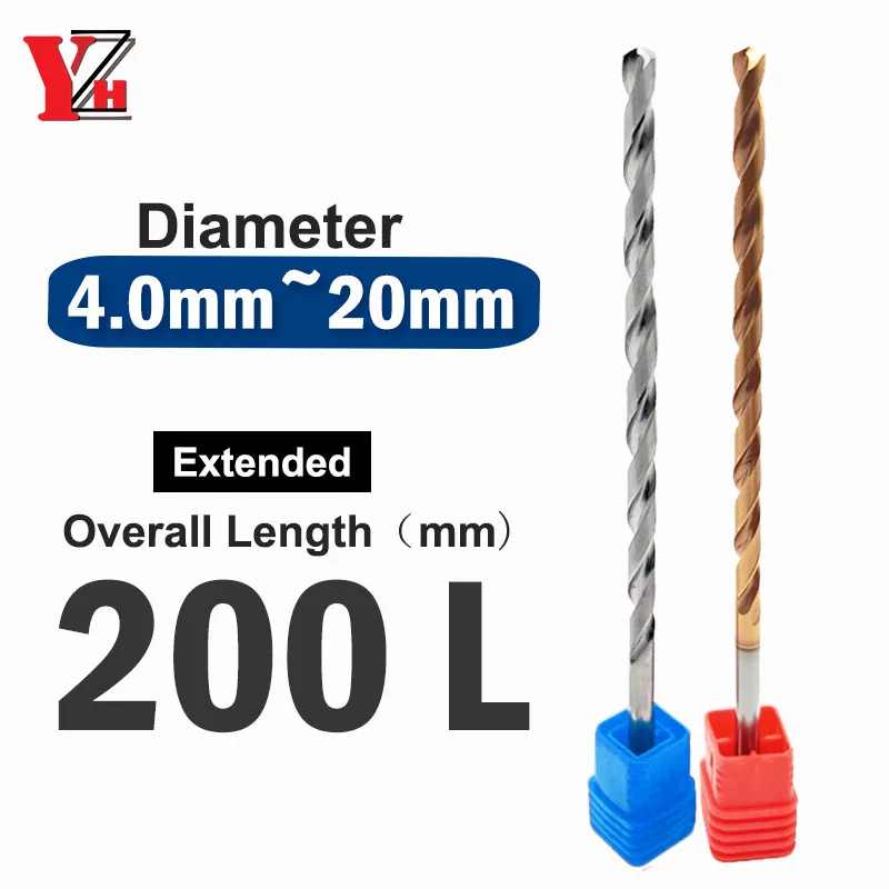 YZH 200L Carbide Twist Drill Diameter D4-D20 Solid Tungsten Bits HRC50/55 CNC Straight Handle Drilling Hole For Metal Iron Steel