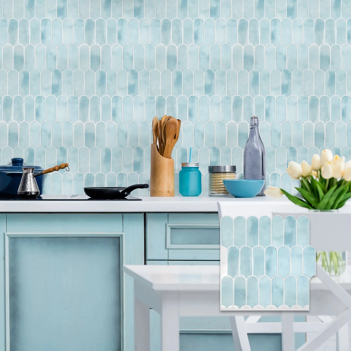 Sky Blue Peel-off Kitchen Wall Decoration 12-inch PVC Wall Panel 3D Fish Scale Glue Tile Kitchen Bathroom Wall Decoration