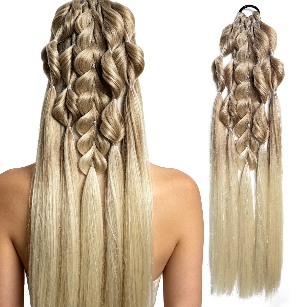 Synthetic 24-inch bubble lantern braided ponytail hair extension light golden Ombre with silver glitter wire women's daily