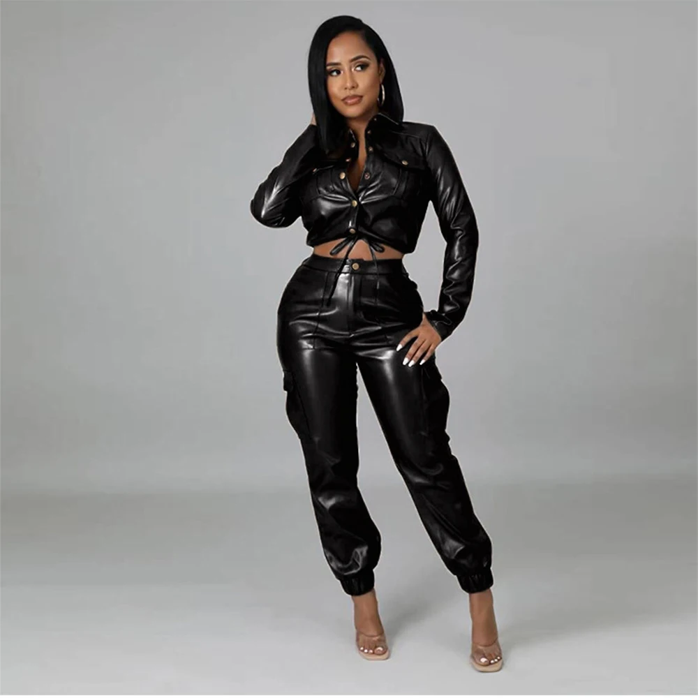 

Faux Leather PU Two Piece Set for Women Leather Jacket and Cargo Pant Matching Set High Street Casual Long Sleeve Autumn Outfits