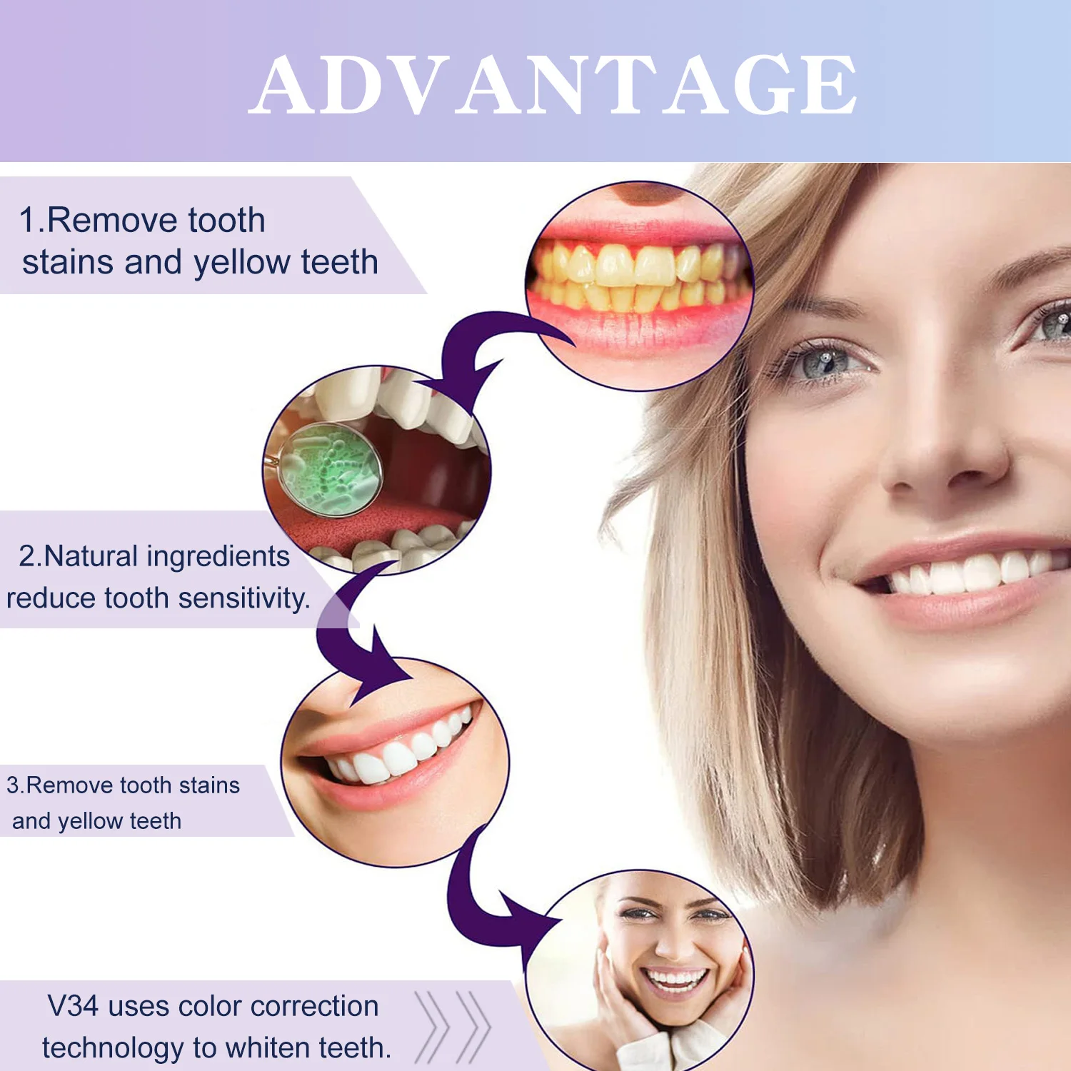 V34 Teeth Whitening Mousse, Restores Brightness and Neutralises Ylellow Tones on the Tooth Surface, 50ml