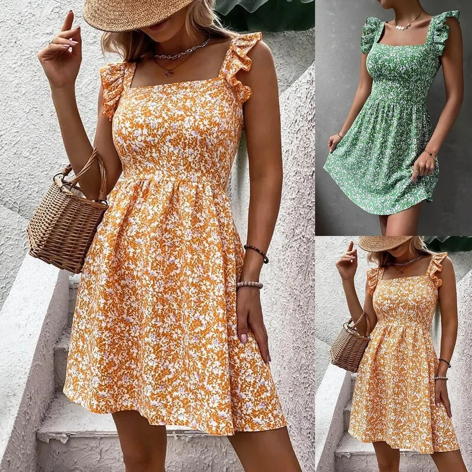 

Women 2024 Summer Cute Floral Flowy Knee Length Sundressses Beach Dress Vestidos Juveniles