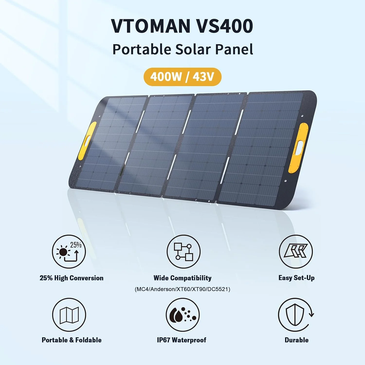 VTOMAN VS400 400W 43V Foldable Solar Panel, 25% High Efficiency, IP67 Waterproof with Adjustable Kickstands & MC4/Anderson/XT60/XT90/DC5521 Adapters, Off-Grid Power for Camping & Home Backup