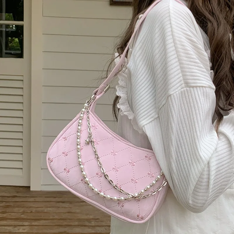 Korean Fashion Pink Bow Baguette Bag New Women Pearl Chain Quilted Shoulder Bag Top Handle Purse Trendy Y2K Casual Commuter