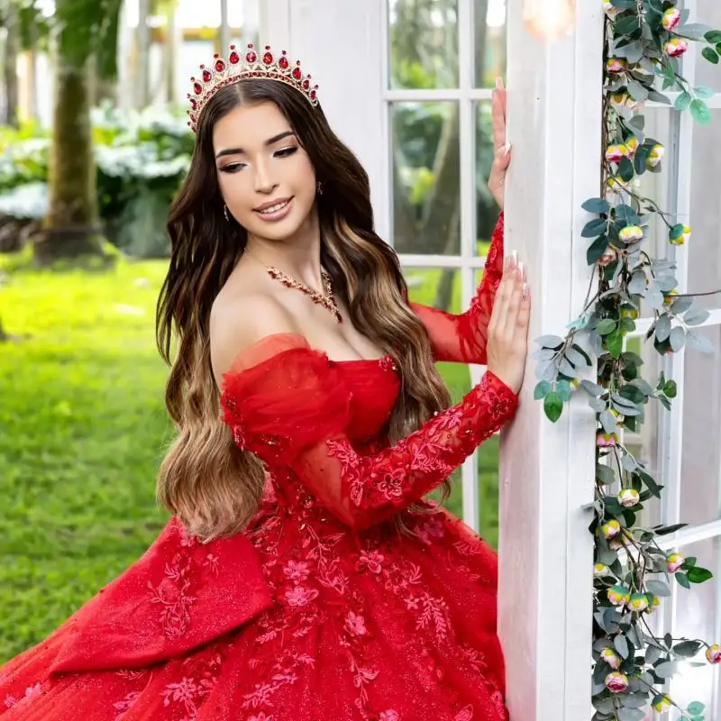사용자 정의 럭셔리 반짝 이는 빨간색 긴 소매 Quinceanera 드레스 스팽글 아플리케 레이스 3D 꽃 활 vestidos de 15 Quinceanera ﻿