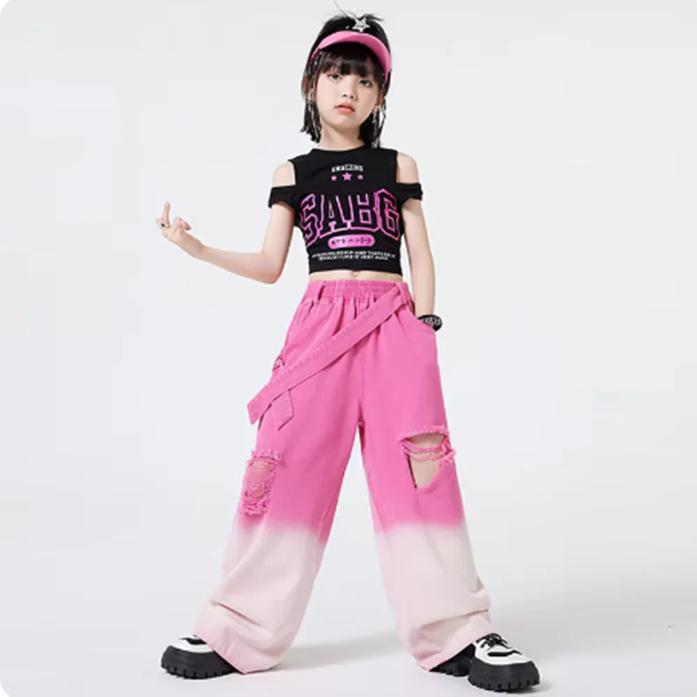 Girls Jazz Fashion Suit Kids Hip Hop Dance Performance Costume Kpop Stage Outfit Streetwear Black Top Pink Gradient Pants