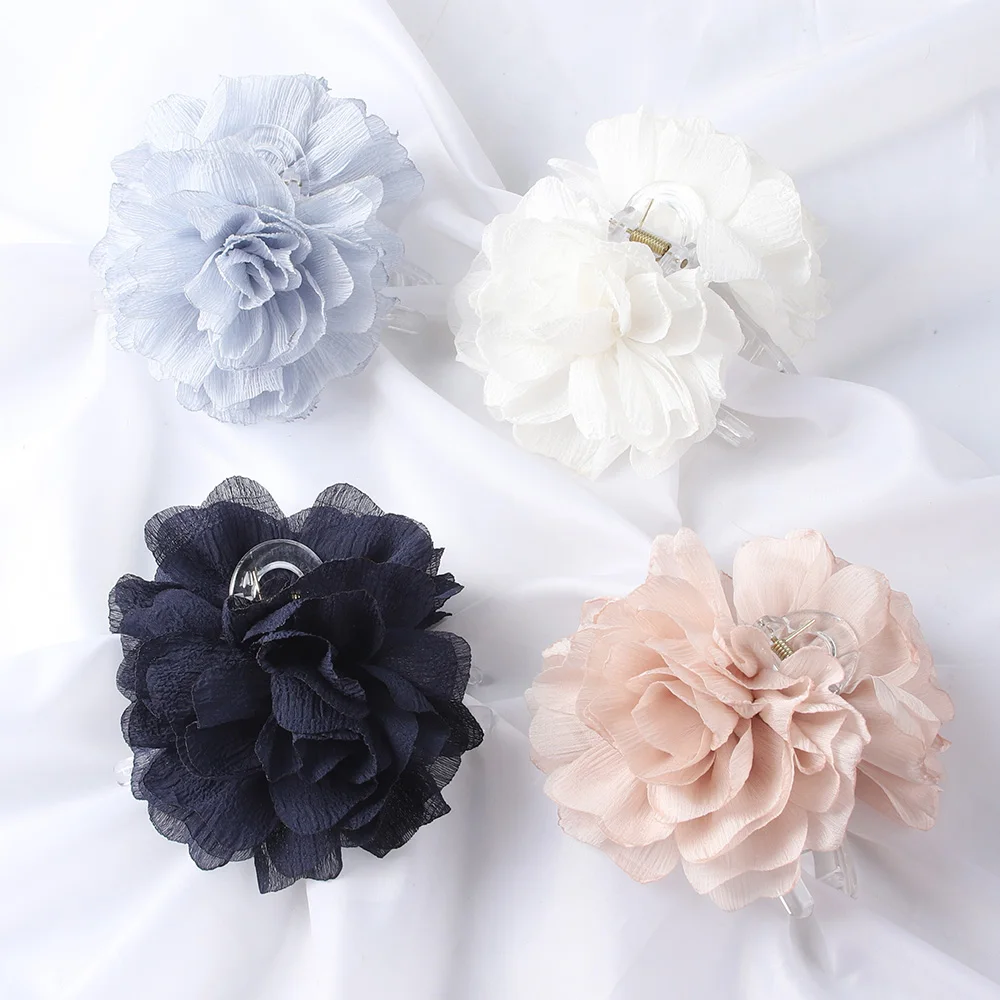 Tecido grande flor grampos de garra de cabelo feminino meninas macio chiffon flores rabo de cavalo titular grampos de cabelo barrette moda acessórios para o cabelo