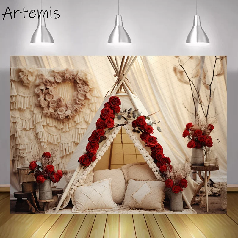 Valentine's Day Background Rose Tassel Pillow Pampas Flower Bohemian Tent Children's Birthday Portrait Backdrop Photo Studio