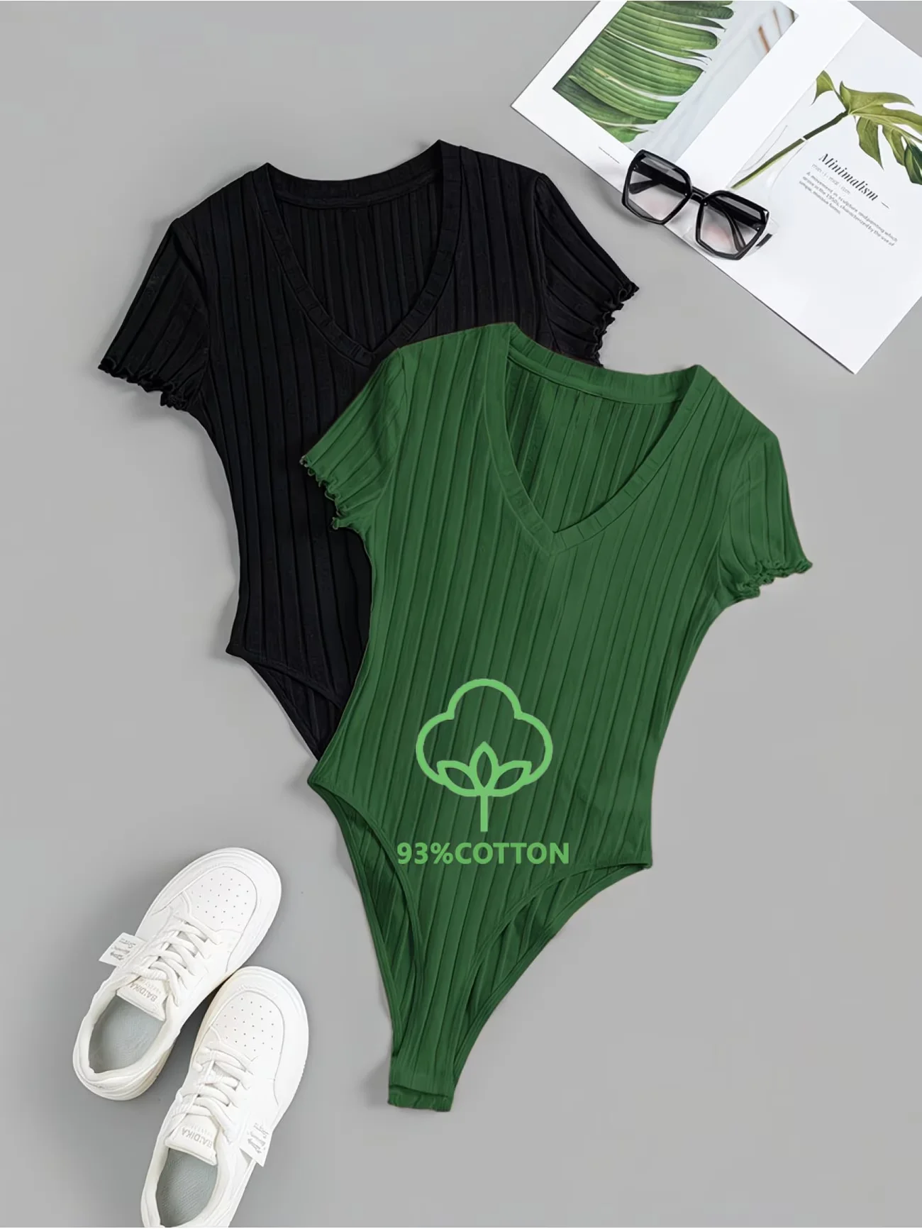Multi-Occasion 93% Cotton Ribbed Bodysuit 2-Pack - Women's Versatile V-Neck Lettuce Trim Short Sleeve Leotard Set