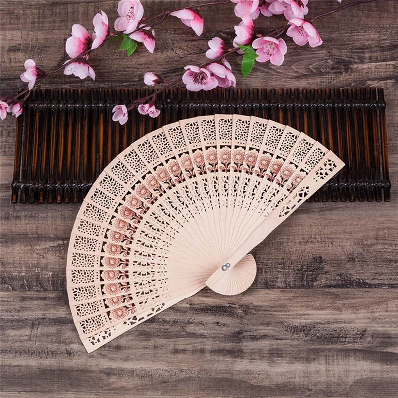 Fashion Wedding Hand Fragrant Carved Bamboo Folding Fan Chinese Wooden Fan Vintage Hollow Antiquity Folding Fan Home Decor