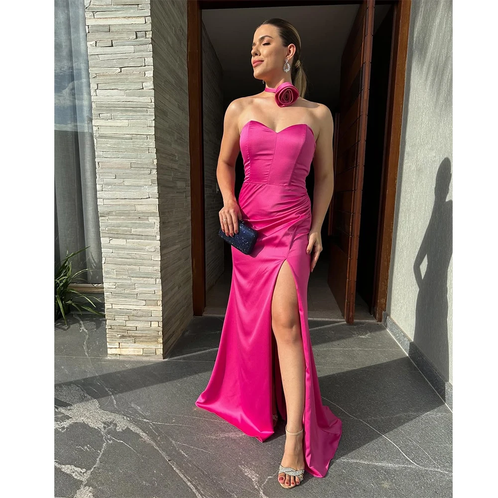 

Bowith Elegant Evening Dresses 2025 Women Strapless Customized Long Prom Dresses A-Line Side Slit Party Dresses with 3D Flower