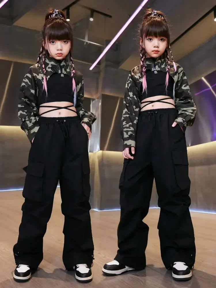 Baby girl Hip Hop Clothing Flame Print Jacket Top Black Casual Pockets Buckle Cargo Pants for Girl Jazz Dance Costume Clothes