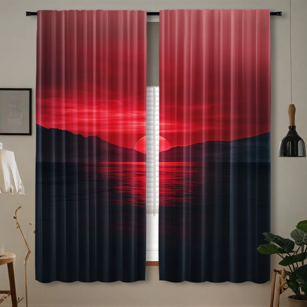 Set of 2 Modern Art-Inspired Ribbed Pocket Curtains - Tricot Polyester Plain Ombre Sunset Seascape Print - Semi-Sheer Blackout F