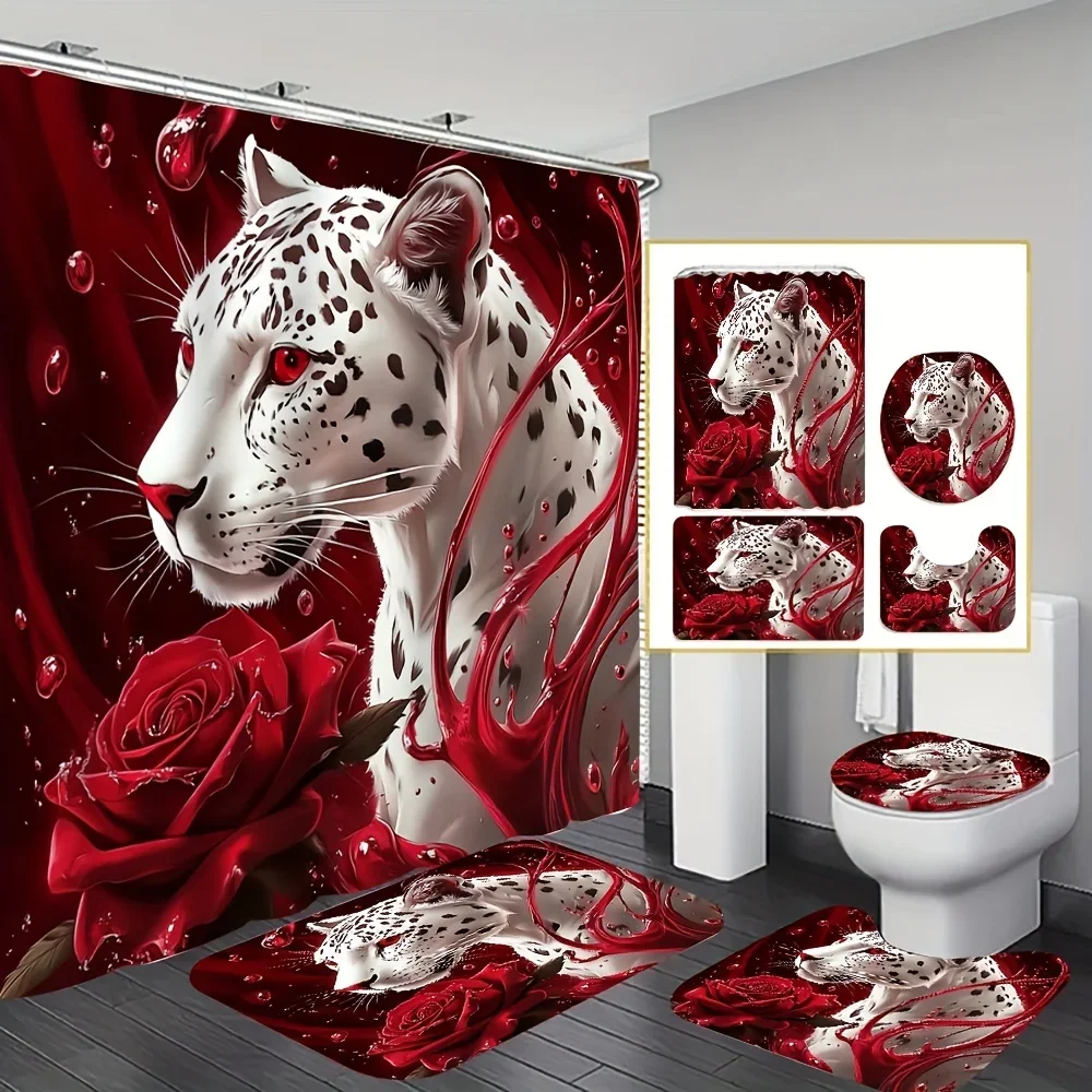 

Mystical White Leopard with Red Roses Bathroom Set - Waterproof Shower Curtain, Toilet Lid Cover, Bath Mat, and Contour Mat