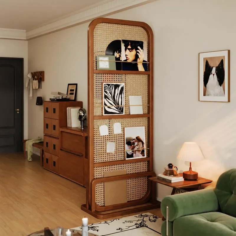 Medieval Solid Wood Screen Living Room Rattan Partition Entrance Door Opposite Door Sofa Side Floor Ultra Thin Storage Rack