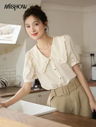 MISHOW Peter Pan Collar Short Sleeve Temperament Shirt Summer Chic French Puff Sleeve Sweet Single Breasted Top MXC38X0052