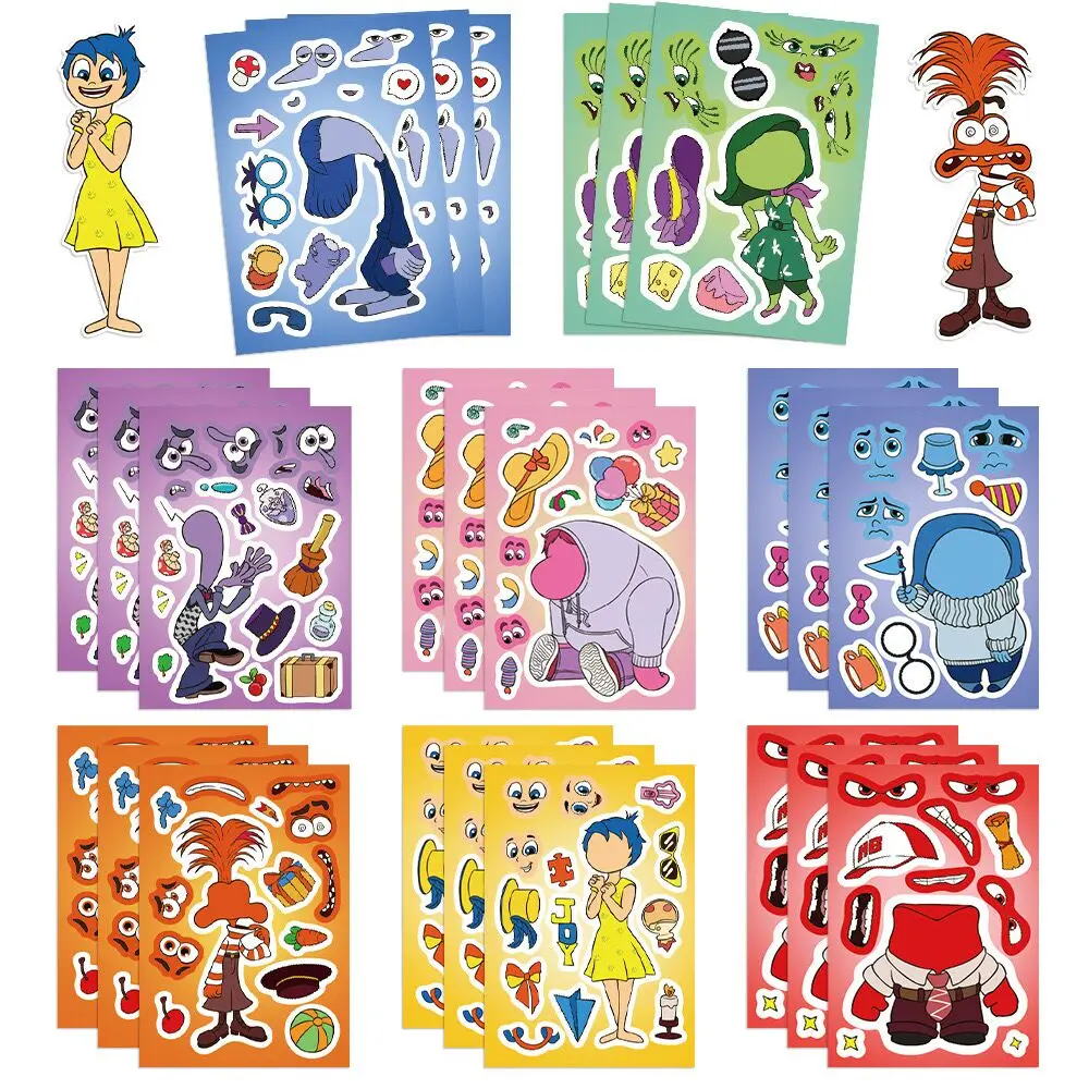 8/16Sheets Disney Inside Out Fantasy Animated Puzzle Stickers DIY Phone Laptop Luggage Skateboard Graffiti Decals Fun for Gift