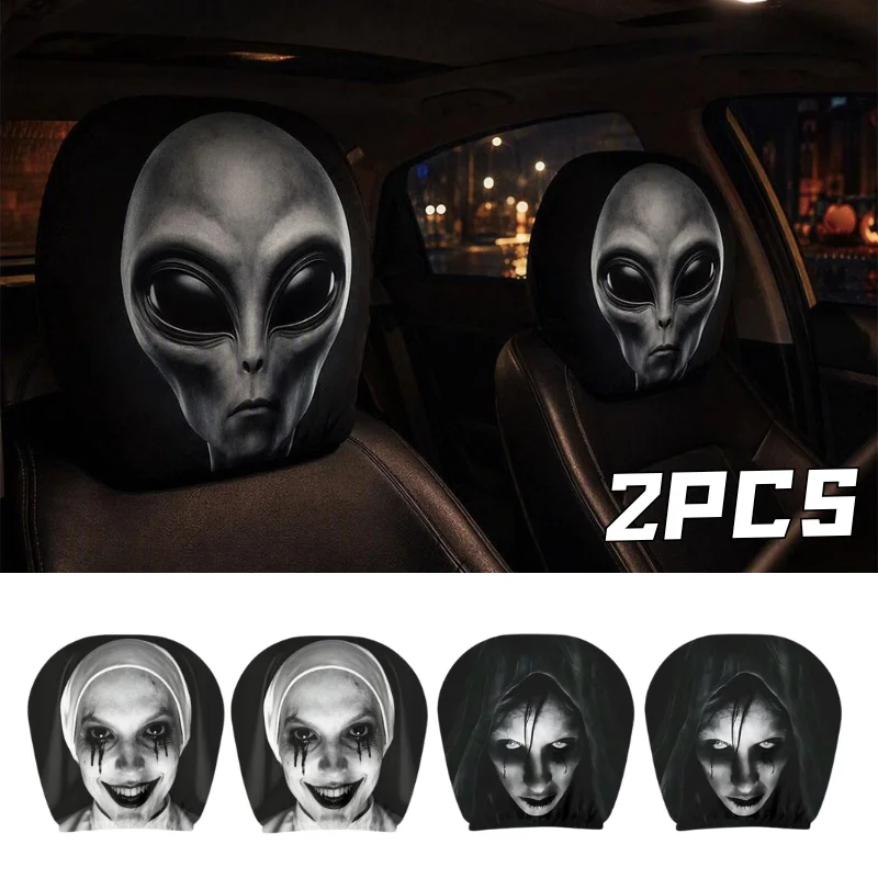 2PCS Elastic Stretch Car Head Rest Covers Horror Alien Ghost Evil Nun Scary Face Print Halloween Party Car Interior Decoration