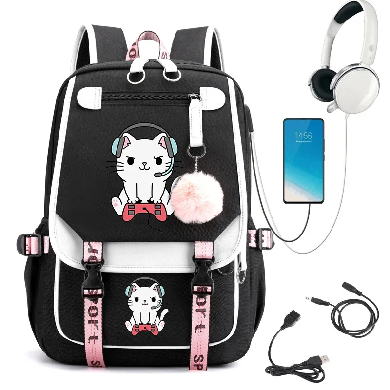 Jogos de amor gato Anime Schoolbag para meninas, Mochila grande do estudante do ensino médio, Bagpack USB dos desenhos animados