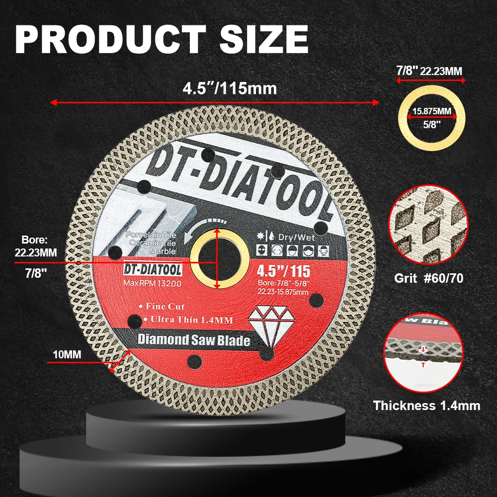 DT-DIATOOL 1pc 4.5inch 115mm Diamond Cutting Disc Superthin Mesh Blade Tile Cutter Marble Stone Ceramic Porcelain Disc  Cut