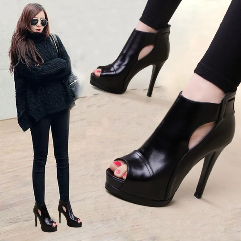 11cm New Women Pumps Spring Fall Office Shoes Breathable Hollow Out Square Heel Boots Woman Platform Heels Party Wedding Shoes