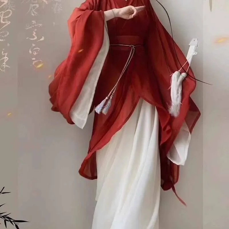 Gaun Hanfu Cina kostum Cosplay Karnaval Wanita pakaian pesta tradisional kuno Vintage musim panas merah & putih gaun Hanfu