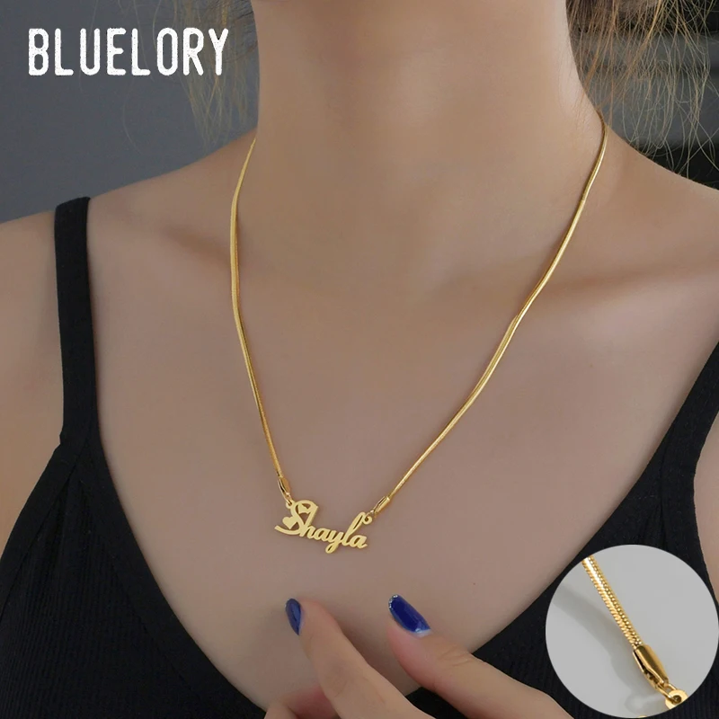 Bluelory Personalized Snake Chain Women Name Necklace Stainless Steel Nameplate Custom Jewelry For Lovers Mom Anniversary gift