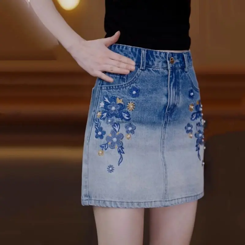 Gradual c embroidery denim skirt women's summer 2025 new high waist thin a word skirt hip skirt