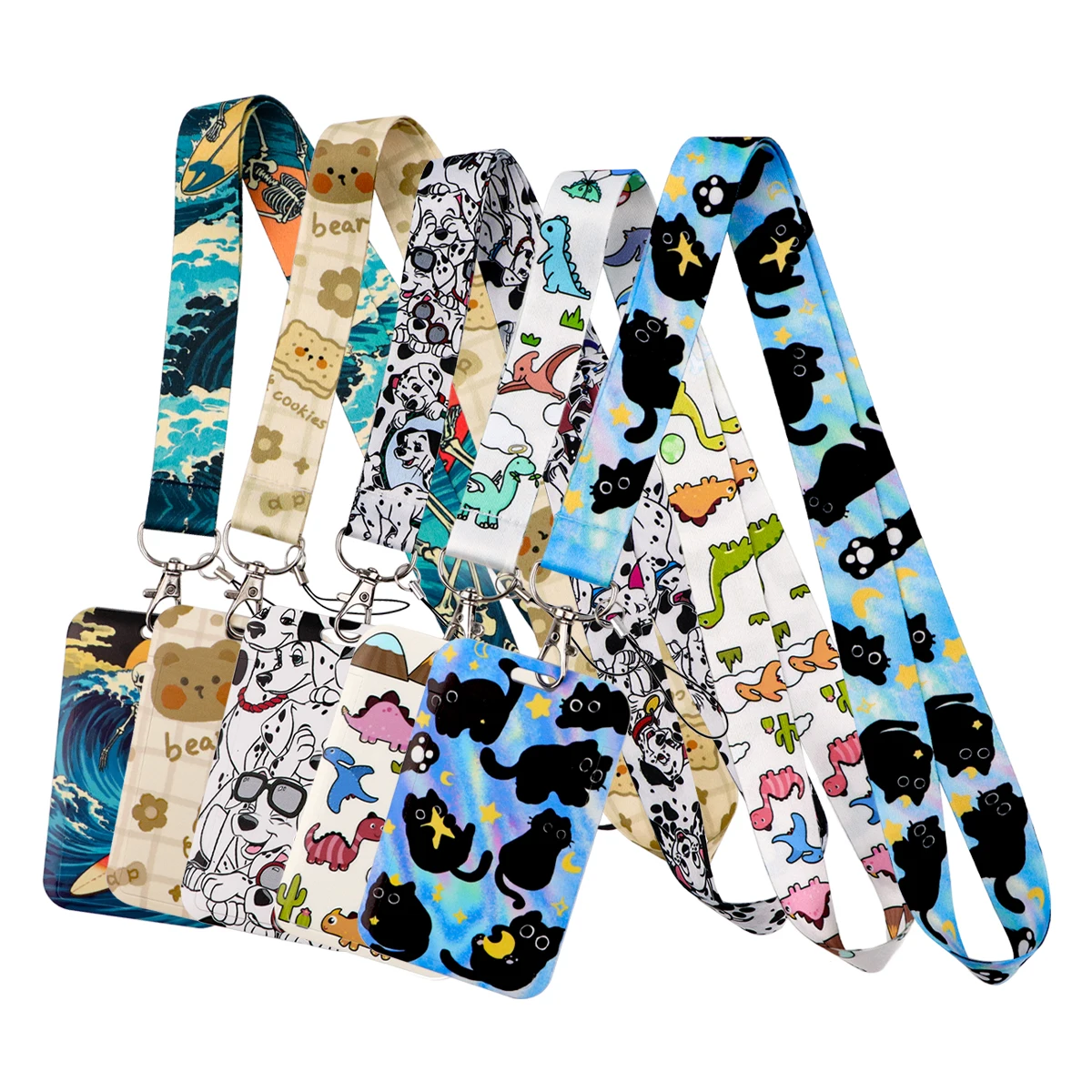 Animals Black Cats Dinosaur Lanyard Neck Strap Keychain Card Cover Badge Holder Mobile Phone Hang Rope Keyring Accessories Gifts