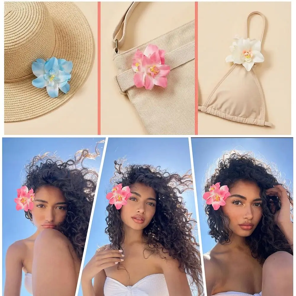 Modische Hawaiianische Blumen-Haarspange mit 3 Orchideen, Bunte Haarnadeln, Realistische Haaraccessoires für Strandurlaub und Partys – Detail 7