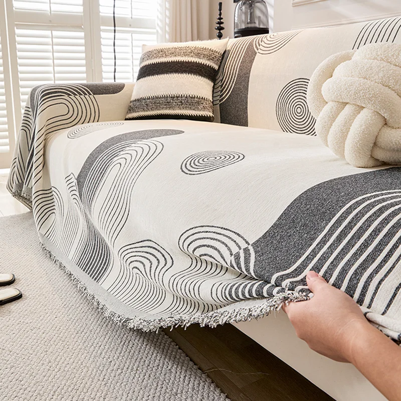 High-End Geometric Printed Chenille Sofa Towel Cozy Soft Couch Slipcover for Living Room Luxury Four-Season Universal Sofa Cover
