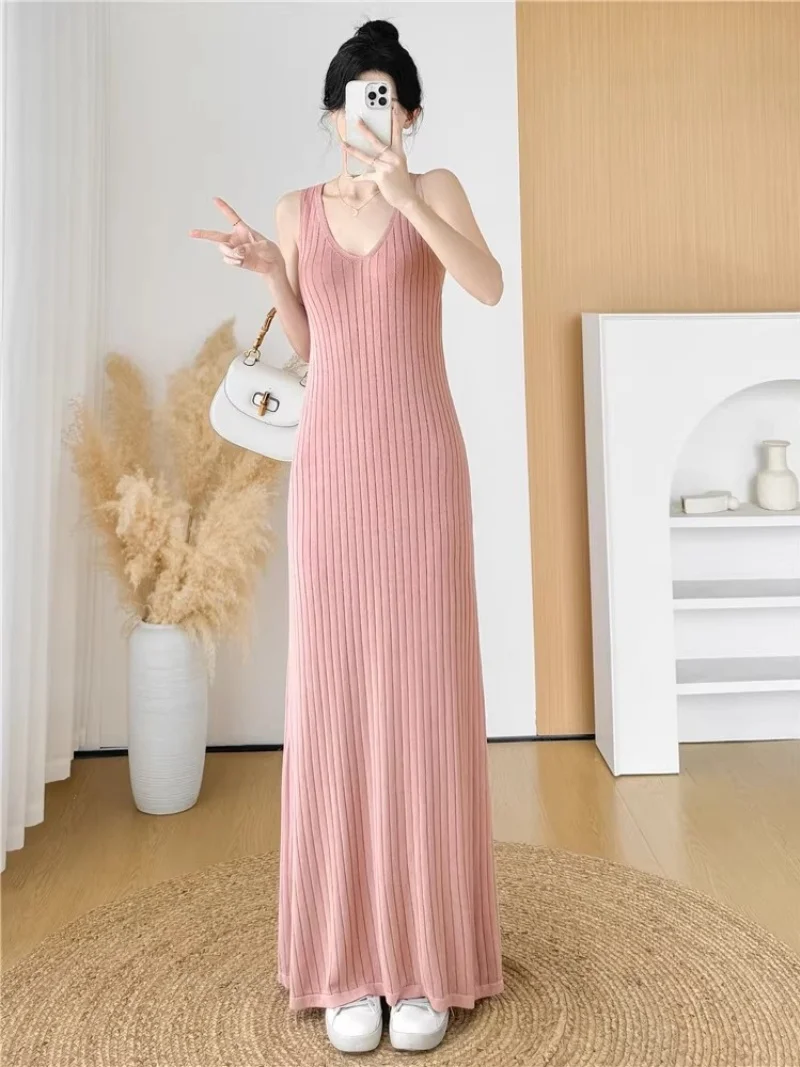X-Long V-Neck Sleeveless Suspender Ice Silk Knitted Dress Summer New Collection Slim Fit Tank Top Long Dress For Women w468