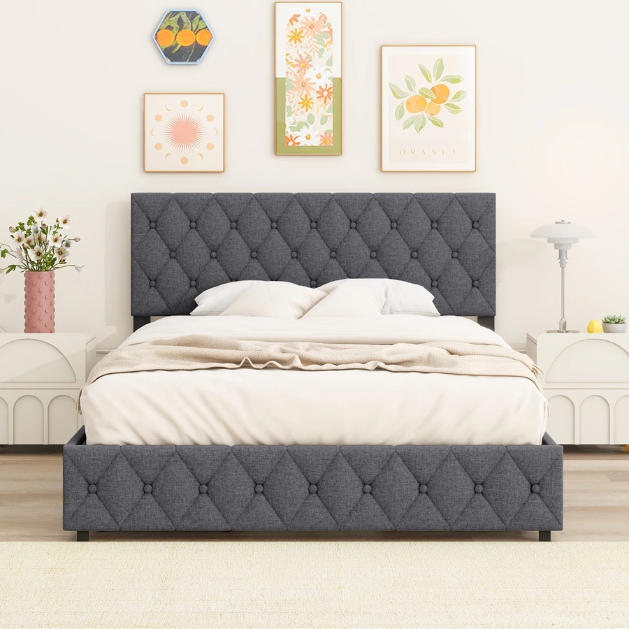 Upholstered Platform Bed Frame With 4 Storage Drawers, Adjustable Linen Headboard, No Box Springs Required (Bed Frame Only)