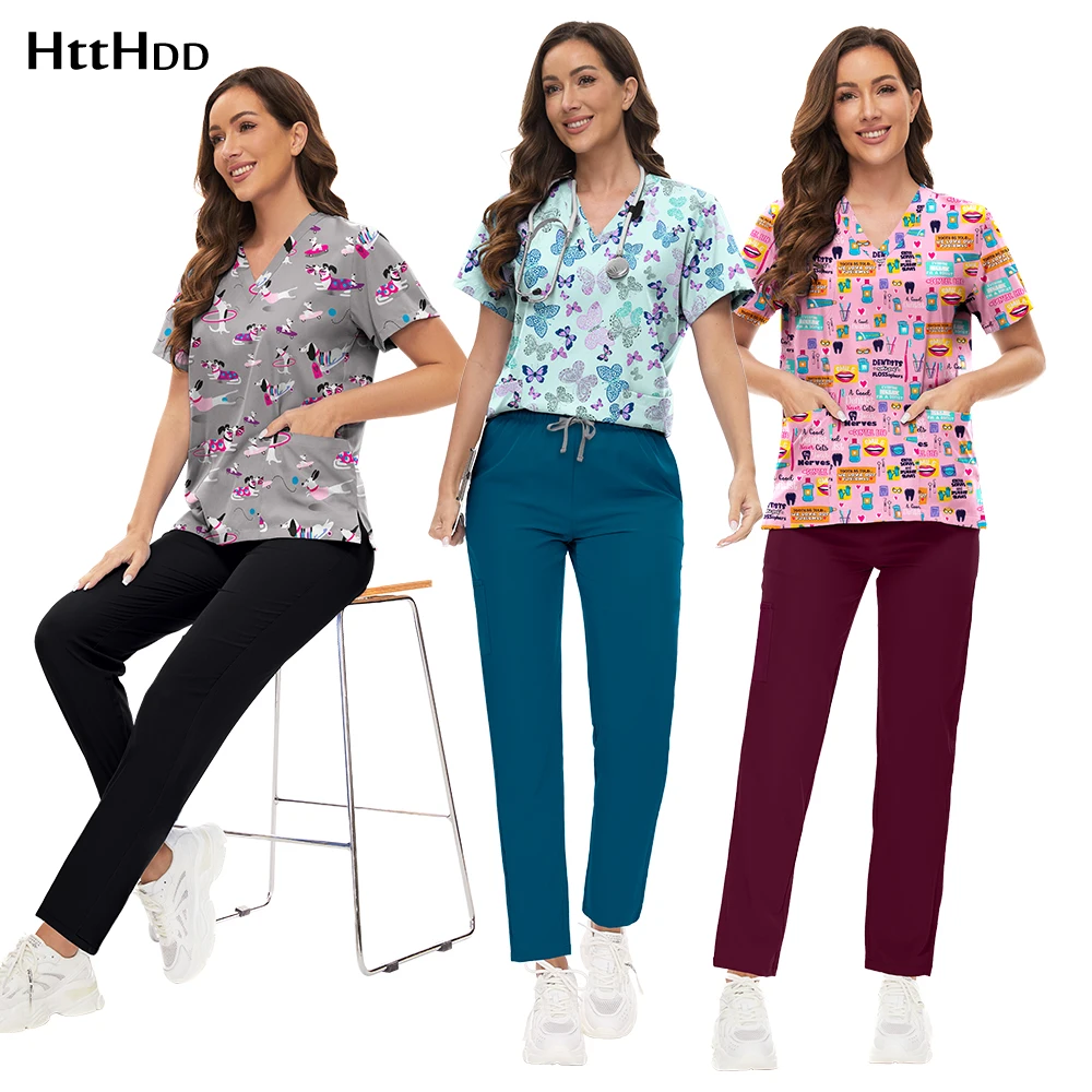 Medical Scrub Uniform Spa Beauty Fashion Female Nurse Uniforms 2 Piece Printing Design Doctor Nursing Women Scrubs Uniforms Sets