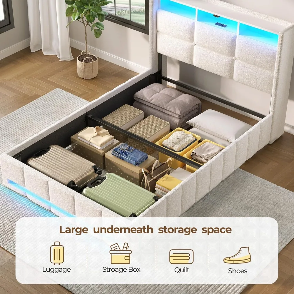 Cadre de lit double avec rangement relevable, station de recharge et lumières LED, tête de lit de rangement rembourrée, lattes en bois, cadre de lit