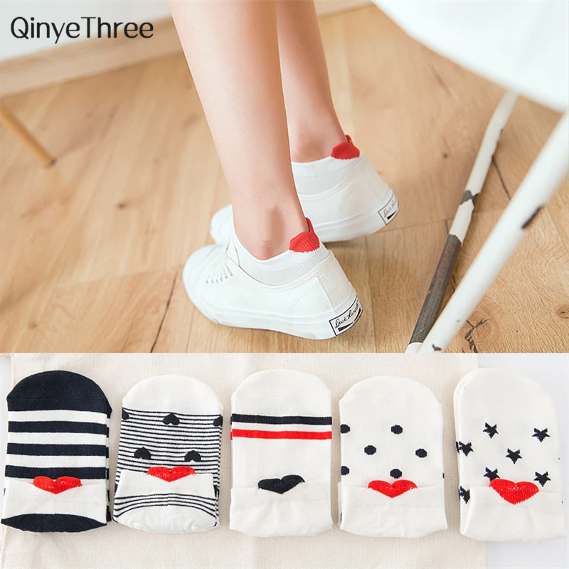 Fashion Women Kawaii 3D Heart Ear Socks Cute Simple Fresh Female Sokken With Stripes Dots Stars Big Eyes 3D Love Heart Heel