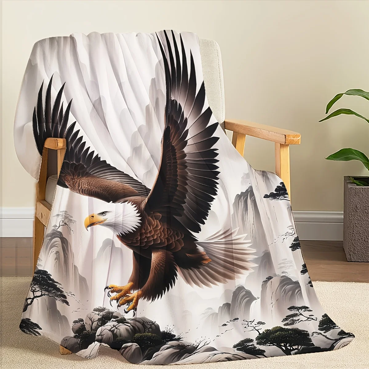 Majestic Eagle Landscape Art Blanket Throw Cozy Fleece Bedspread Fantasy Mountain Scene Asian Style Wildlife Print Luxury Home