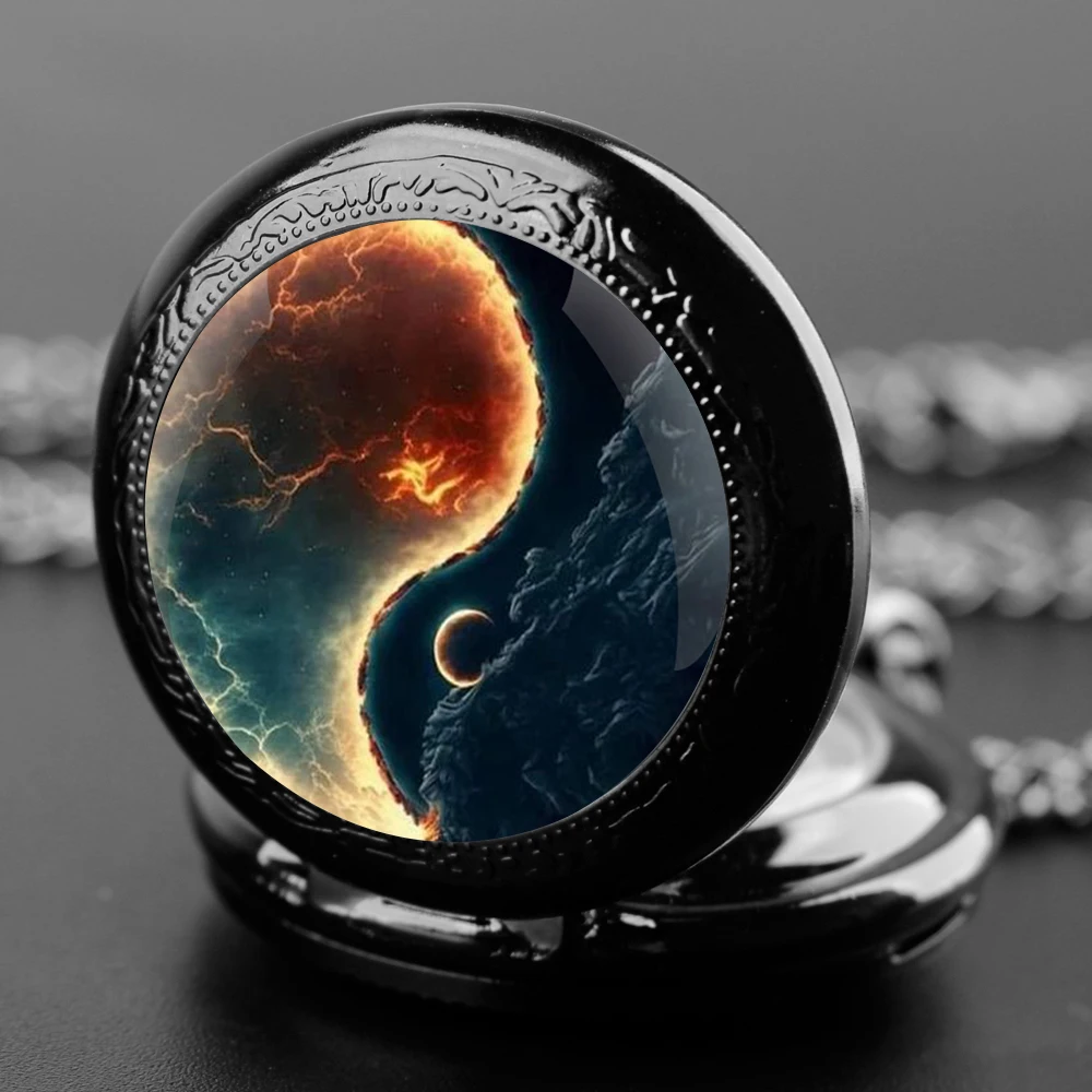 Retro Yin and Yang Sun Moon Design Black Quartz Antique Pocket Watch Steampunk Chain Necklace Pendant Clock for Men Women Kids