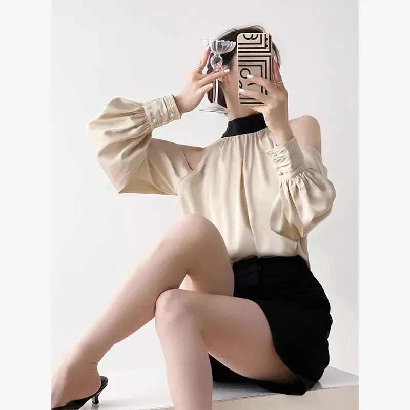 

GIDYQ Sexy Off Shoulder Shirts Women Elegant Retro Halter Neck Bow Blouse Korean Fashion Solid Casual Office Lady Top Spring New