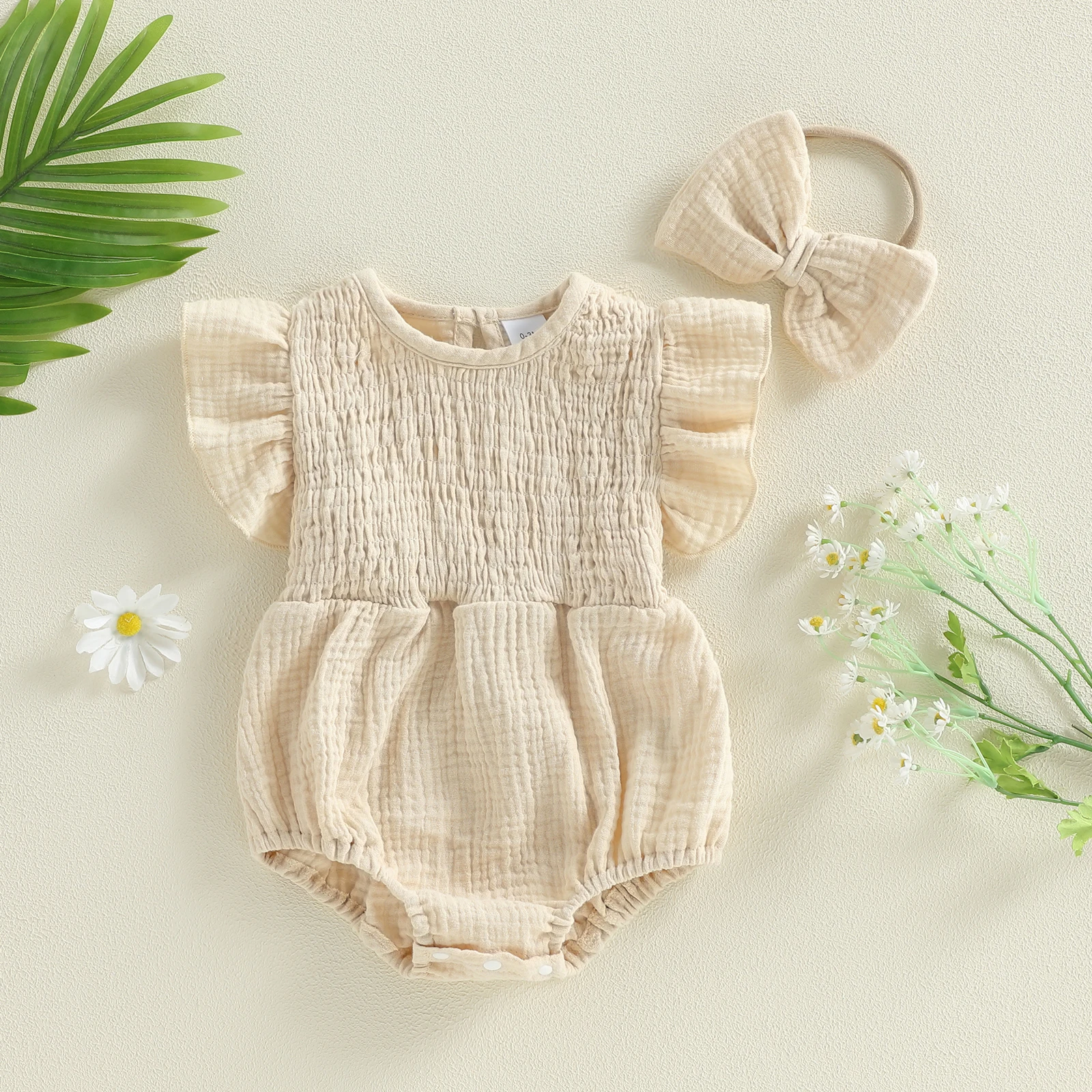 0-12M Newborn Infant Baby Girl Summer Romper Outfit Solid Color Flutter Sleeve Round Neck Bodysuit with Bow Headband 2 Piece Set
