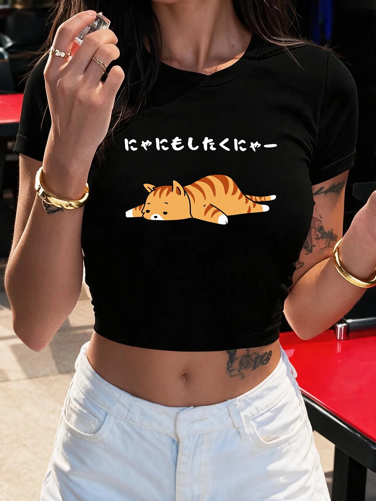 Women's Cat Sleeping Pattern 5 Minutes More Text Fashion Short Sleeve Cropped T-Shirt Graphic Sexy Crop Tops Ladies Outfit Femme