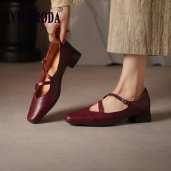 Women Pumps Genuine Leather 2025 New Fashion Cowhide Upper 4cm Med Heel High Quality Handmade Female Shoes Birthday Gift