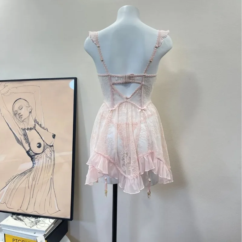 Women's Lounge Wear Small Breasts Show Big Suspenders Nightgown Female See Through Lace Mesh Hem Tutu Dress Uniform