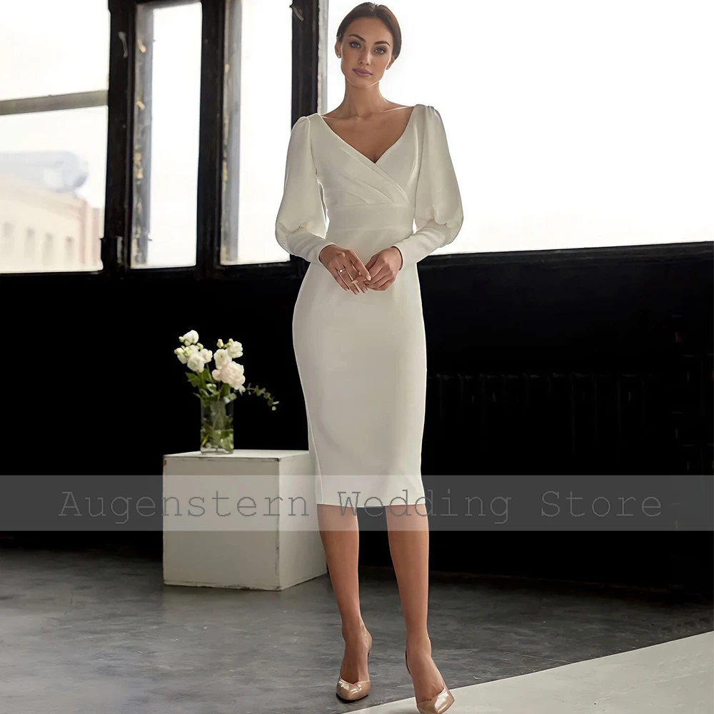 Elegante mãe da noiva vestidos jérsei bainha/coluna vestido de convidado de casamento marfim com decote em v pérola botão festa de casamento midi vestido