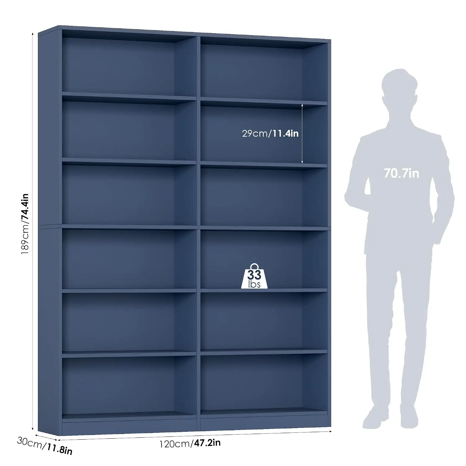 6-Tier Double Wide Large Bookshelf, Metal Frame Storage Display Shelf for Home Office Living Room, Blue, Customized