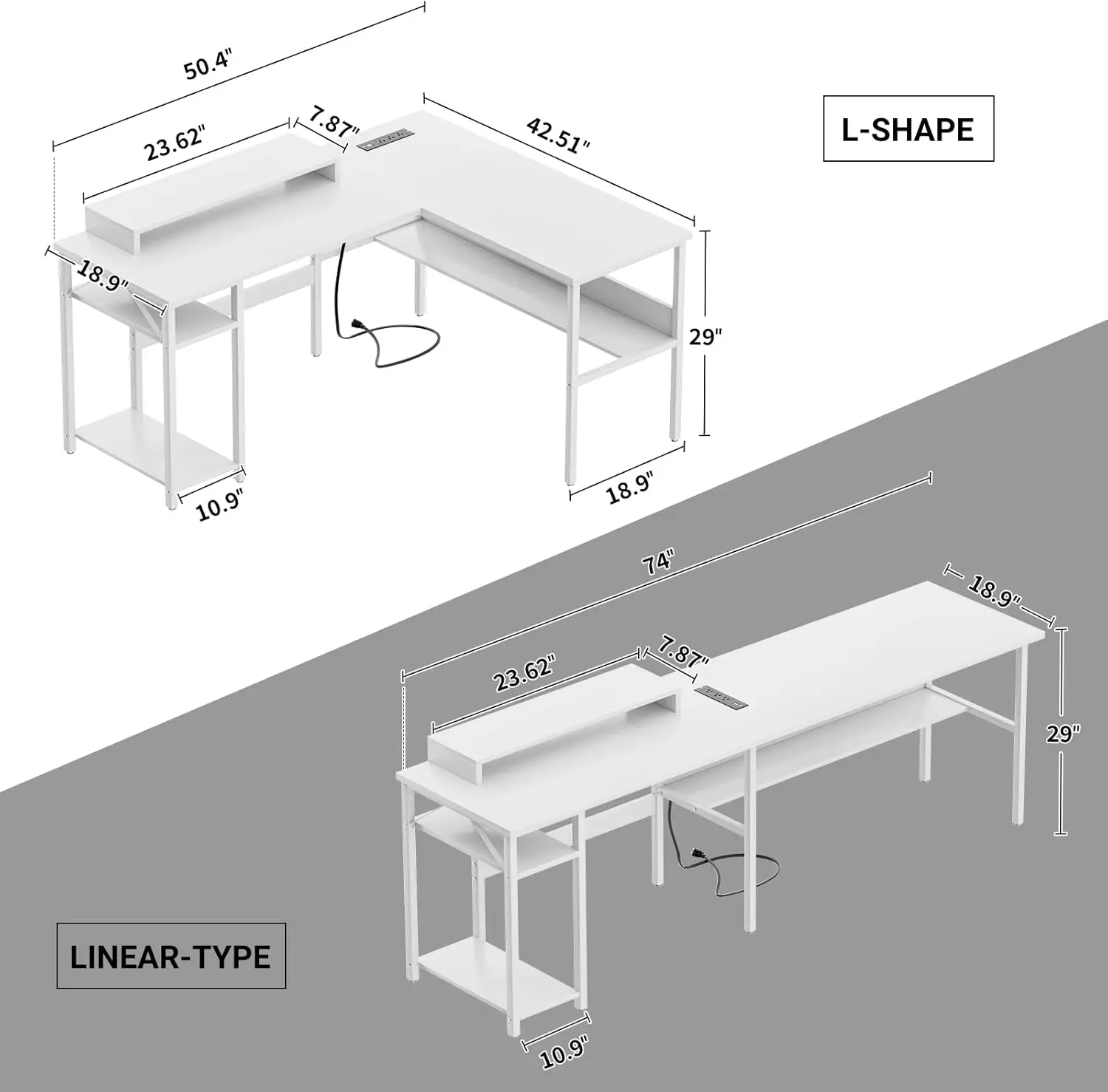 Bureau d'ordinateur en forme de L réversible avec prises de courant et support de moniteur, bureau d'angle robuste avec lumière LED RVB, blanc