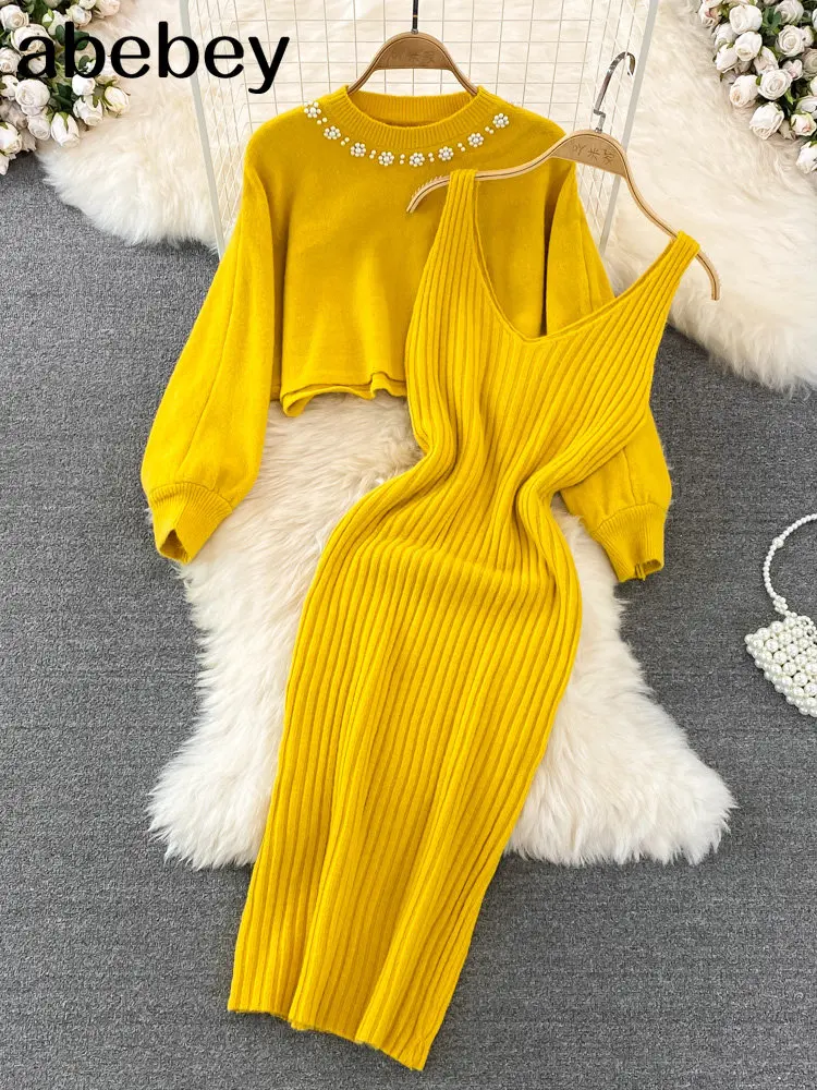 2022 Beading Knitted Women Sets Loose Long Sleeves Sweater+ Solid Elastic Dress French Style Casual Two Piece Set